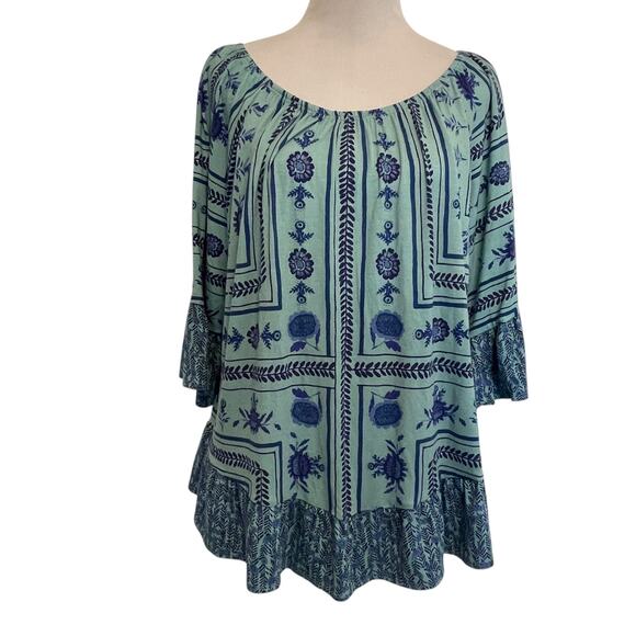 Style & Co Reflect Sea Top Womens XL Petite Blue Teal Bell Sleeve Off Shoulder - Picture 1 of 8